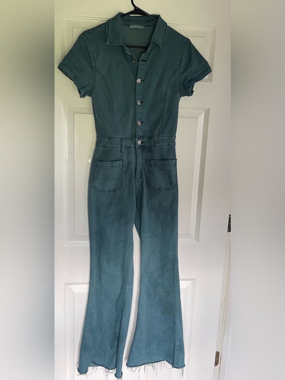 Teal Short-Sleeve Button-Front Jumpsuit